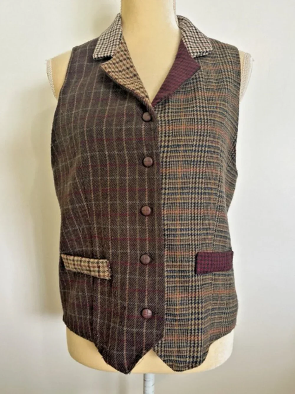 Vintage BONJOUR Vest Brown Wool Tartan Plaid Tweed Patchwork Size Large 80s